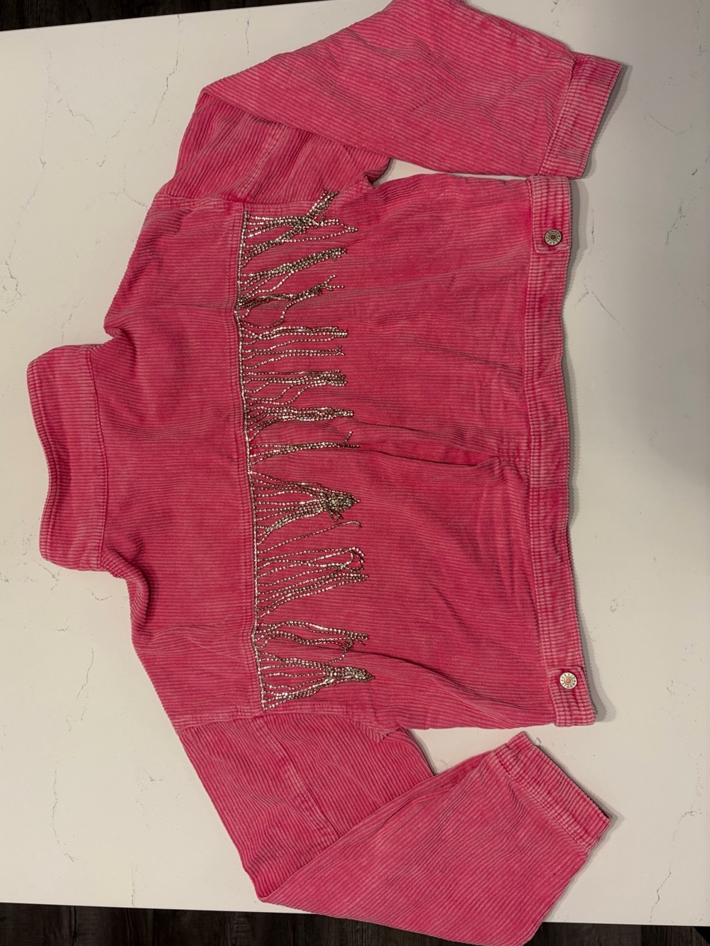 Womens Pink Corduroy Jean Jacket - Rhinestone Tassels
